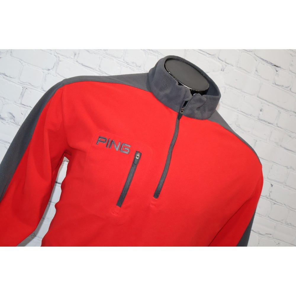 PING Fleece Pullover Mens Large Red Grey 1/4 Zip Golf Sweater Polyester